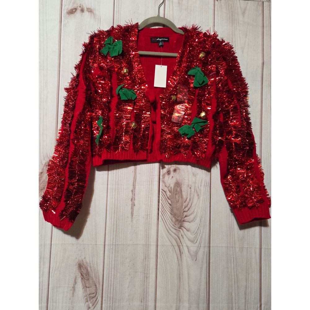 33 Degrees Womens Red Tinsel Holiday Cardigan Sweater Bows Bells Small New